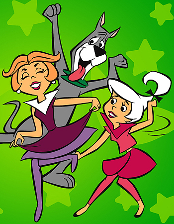 a picture of Jane and Judy Jetson dancing with their dog